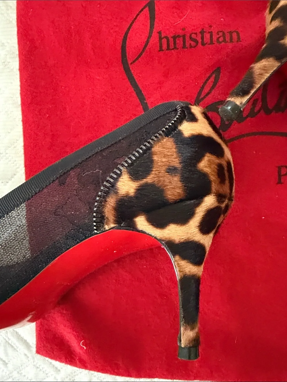 Christian Louboutin Black Mesh Heels with Leopard-Print Pointed Toe - Picture 7 of 12